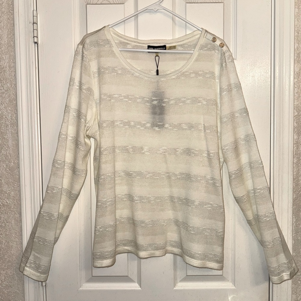 Karl Lagerfeld Paris - NWT - White & Silver Metallic Stripe Sweater XL